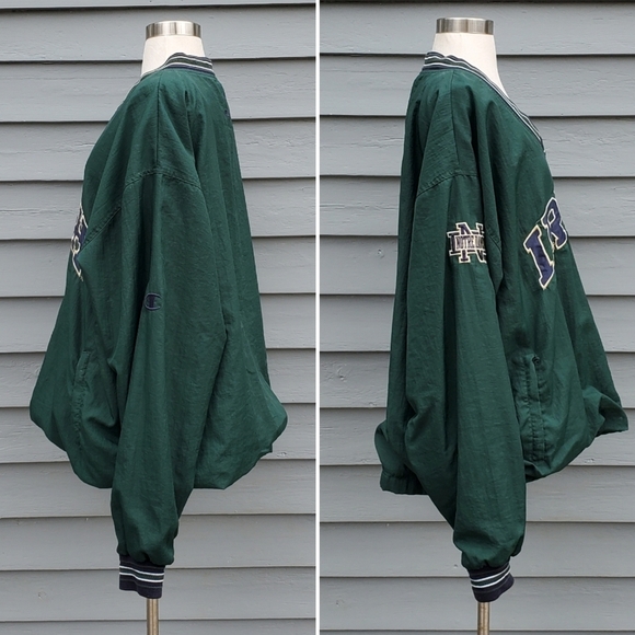 Vintage 90s Champion Notre Dame Collegiate Green Navy Swishy Windbreaker XL - Picture 2 of 7